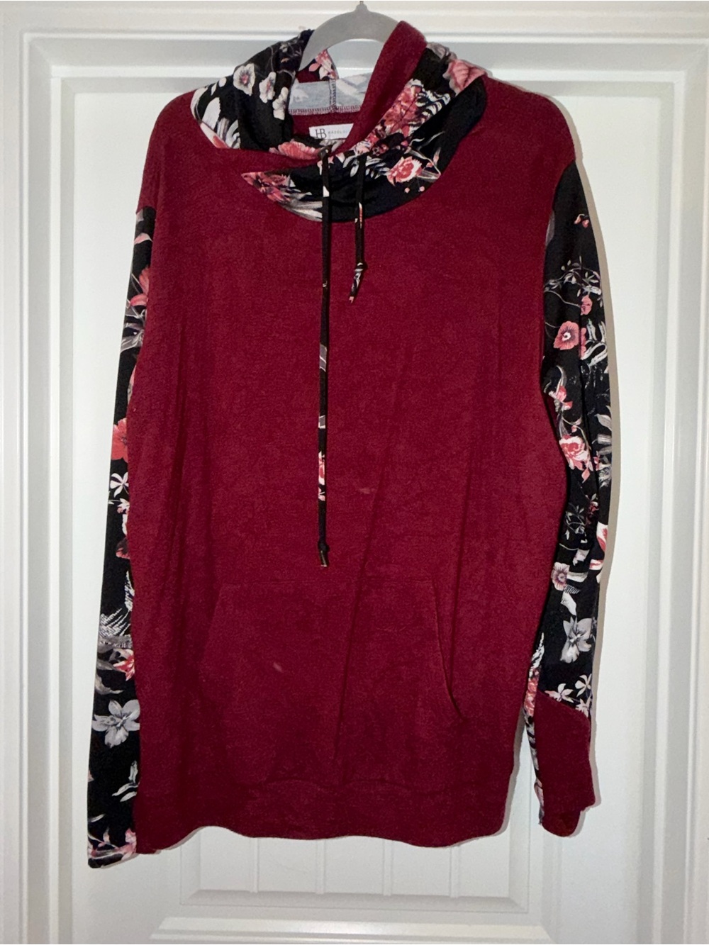 Women's Burgundy Floral-Sleeve Pullover Hoodie